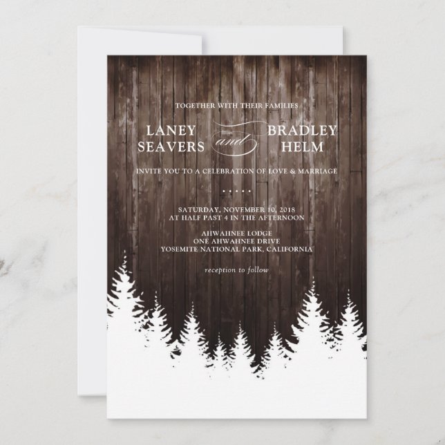 Invitación a la boda de invierno en la madera rúst (Anverso)