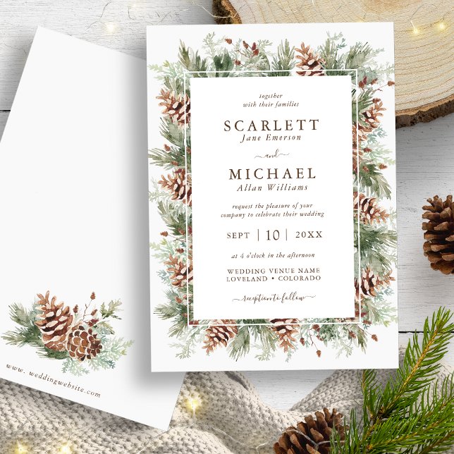 Invitación a la boda de invierno por vacaciones en (Winter Mountain Pine Greenery Holiday Wedding Invitation by Painted Paperie
)