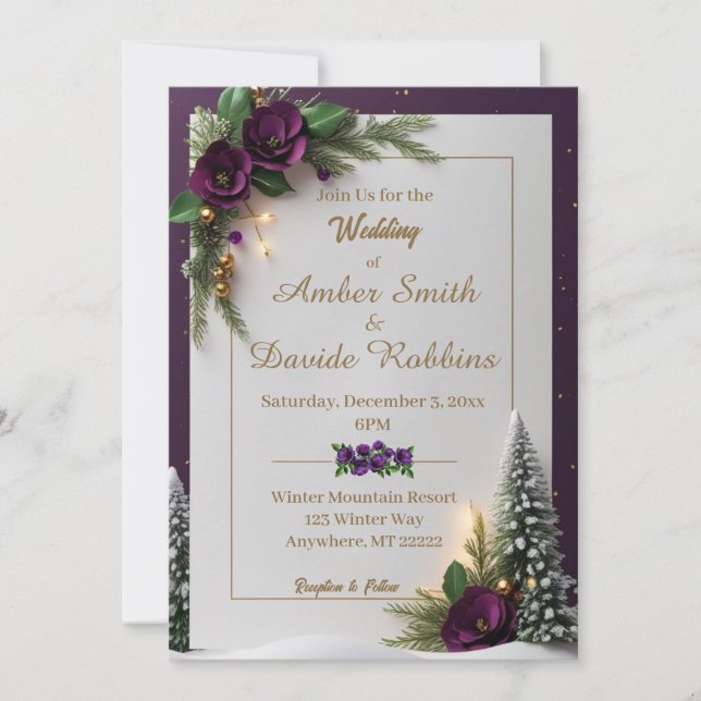 Invitación a la Boda de Invierno Purple y Gold Ele (Anverso)