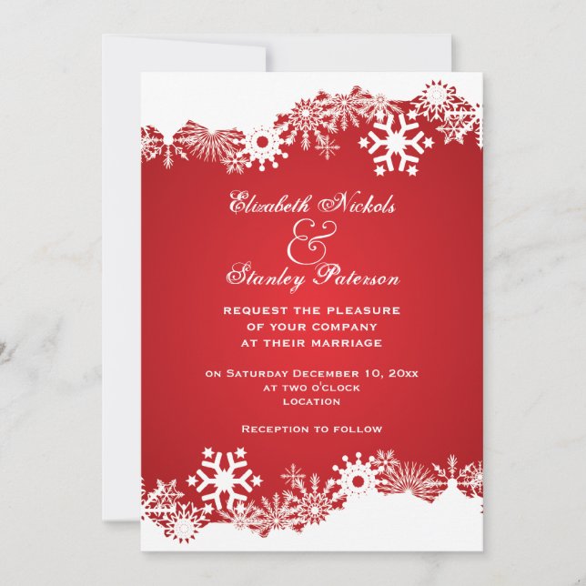 Invitación a la boda de invierno rojo con copos de (Anverso)