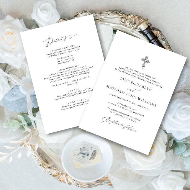 Invitación a la boda de Jane Catholic con RSVP (This all-in-oneCatholic wedding invitation includes a detail section on the back.)