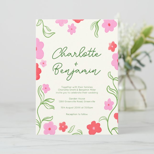 Invitación a la boda de jardín floral lindo y bril (Anverso de pie)