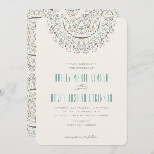Invitación a la boda de Jardin Mandala - Turquesa (Anverso / Reverso)
