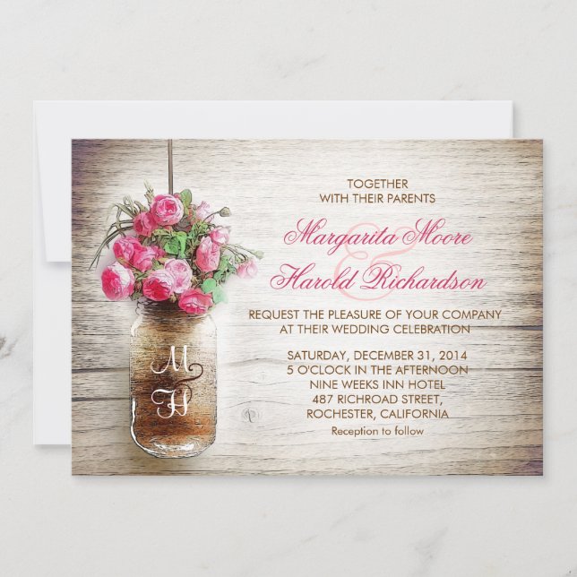 Invitación a la boda de jarrón masón y flores rosa (Anverso)