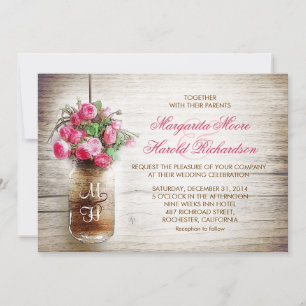 Invitación a la boda de jarrón masón y flores rosa