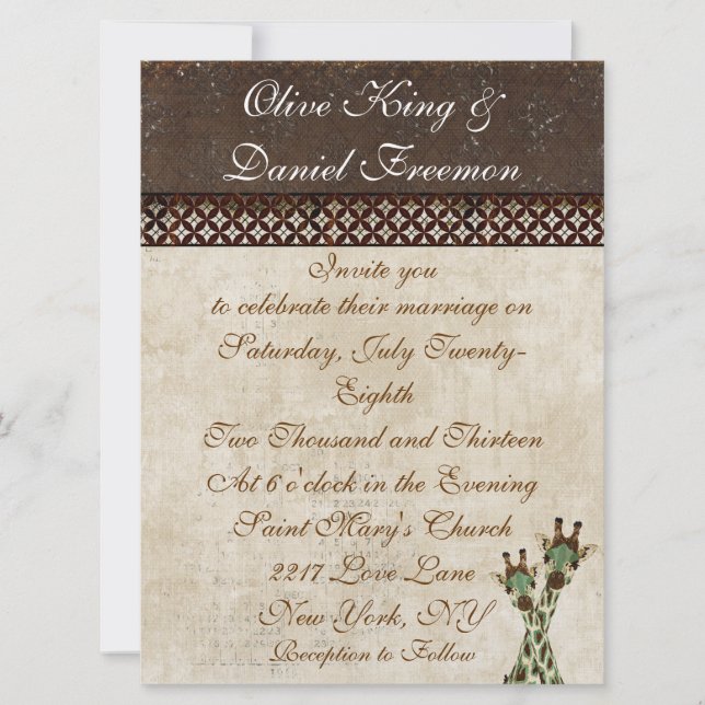 Invitación a la boda de jirafas Verde azuladas y d (Anverso)