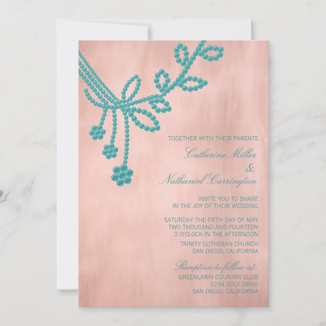 Invitación a la boda de joyas antiguas, turquesa (Anverso)