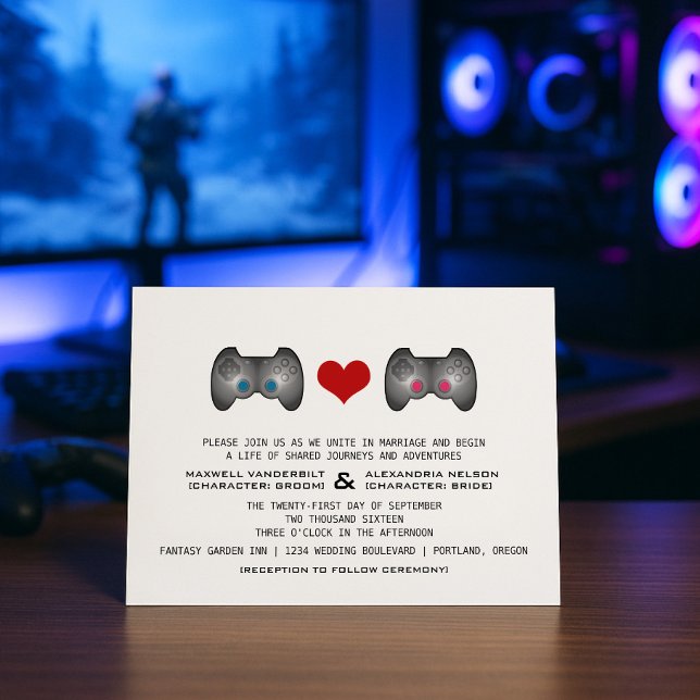 Invitación a la boda de jugador de Cuta Rosa Azul (Blue Pink Cute Gamer Wedding Invite)