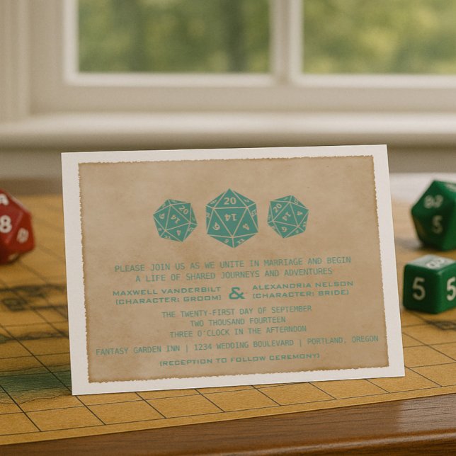 Invitación a la Boda de Jugador de dados Grunge D2 (Teal Grunge D20 Dice Gamer Wedding Invitation)