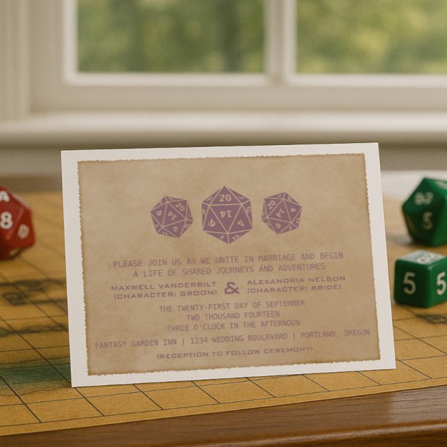 Invitación a la Boda de Jugador de Dedos de Purple (Purple Grunge D20 Dice Gamer Wedding Invitation)