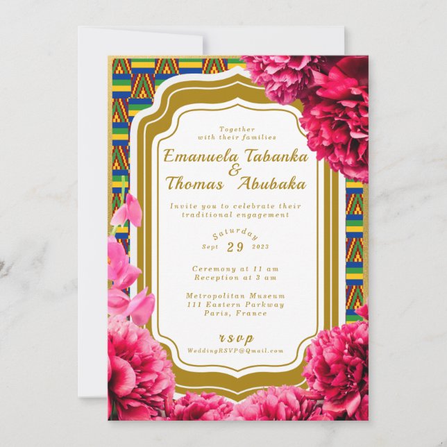 Invitación a la boda de Kente - Kente azul y oro (Anverso)