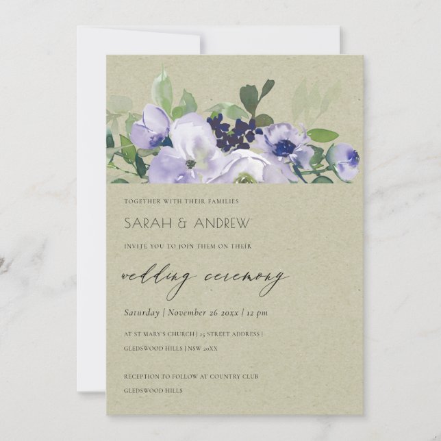 Invitación a la boda de Kraft Violet Purple Floral (Anverso)