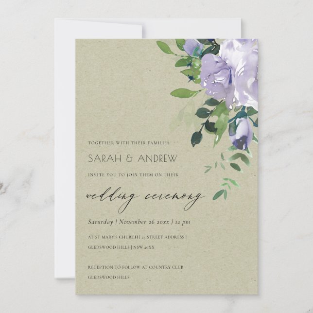 Invitación a la boda de Kraft Violet Purple Floral (Anverso)