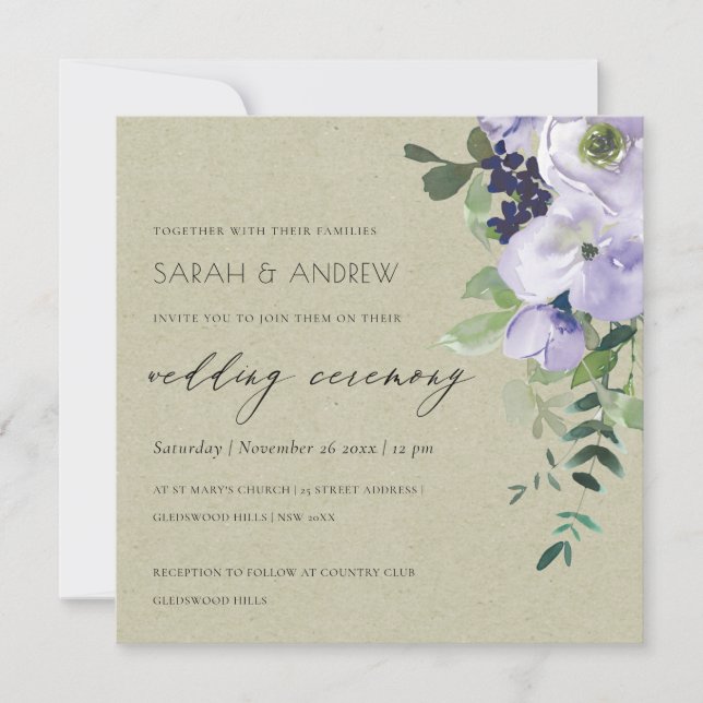 Invitación a la boda de Kraft Violet Purple Floral (Anverso)