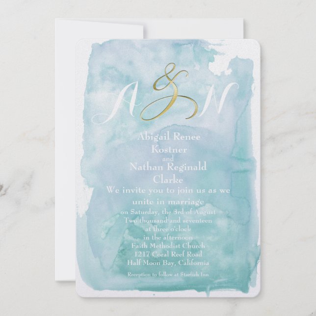 Invitación a la boda de la acuarela azul oceánica (Anverso)