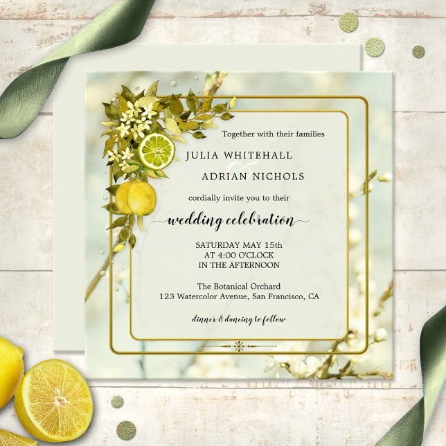 Invitación a la boda de la acuarela de Citrus Lemo (Wedding invitation featuring watercolor painted leaves with lemon and citrus fruits and flowers)