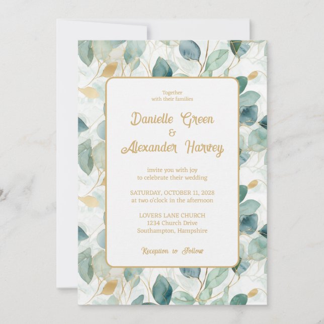 Invitación a la boda de la acuarela de oro de Euca (Anverso)