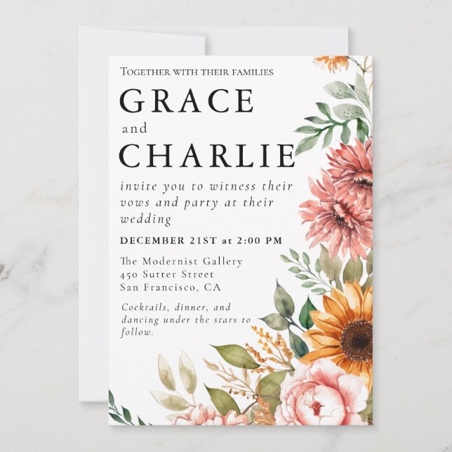 Invitación a la boda de la acuarela del girasol de (Anverso)