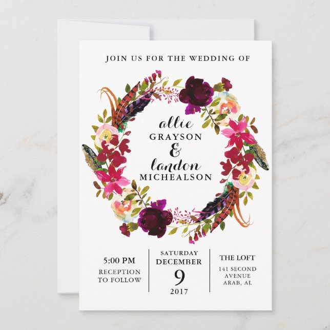 Invitación a la boda de la acuarela floral de Borg (Anverso)