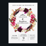 Invitación a la boda de la acuarela floral de Borg<br><div class="desc">Este diseño romántico y atemporal cuenta con una corona floral de color burdeos con plumas y acentos botánicos. Todos los aspectos de este diseño se pueden editar (fuente, tamaño de texto o acentos florales movidos/eliminados) para adaptarlos a sus necesidades. Para imprimirlo en casa o en una imprenta local siga este...</div>