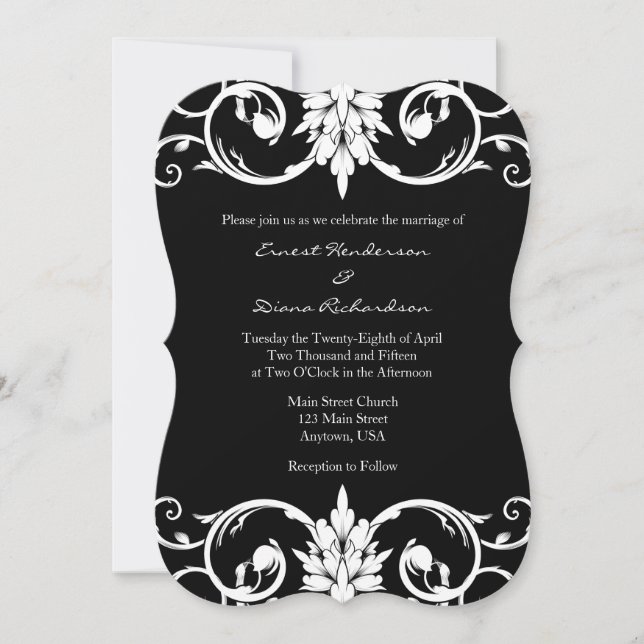Invitación a la boda de la barandilla floral negra (Anverso)