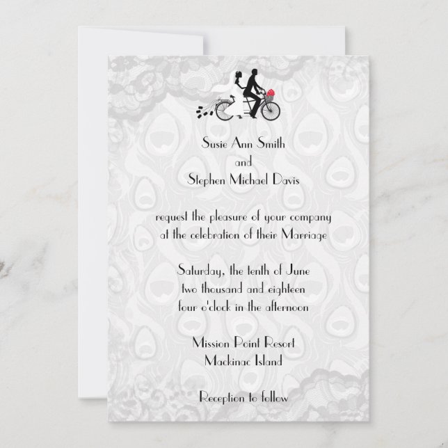 Invitación a la boda de la bici del tándem blanco  (Anverso)