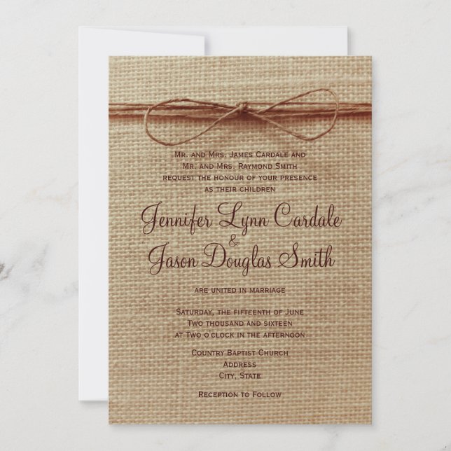 Invitación a la boda de la Boda de Bow en Burlap,  (Anverso)