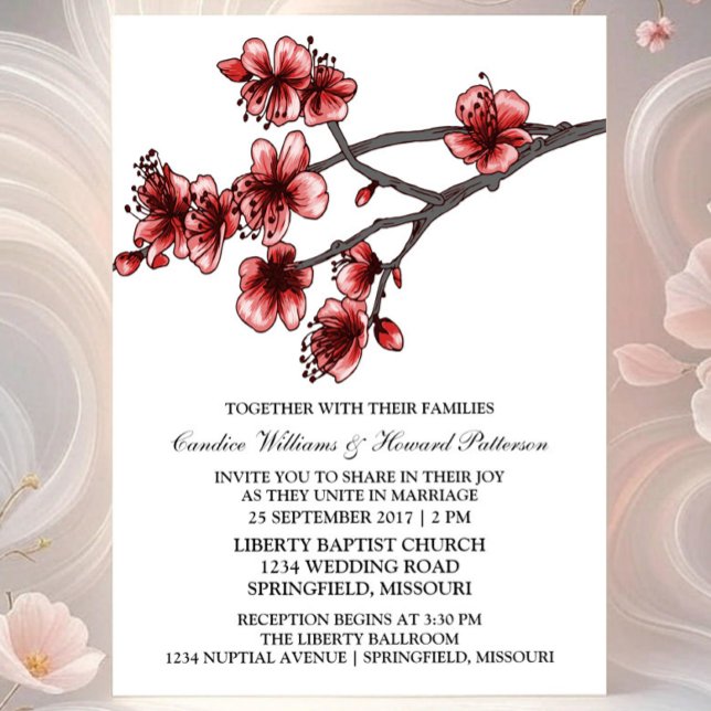 Invitación a la boda de la Boda de Cerezos Sencill (Red Simple Cherry Blossom Wedding Invite)