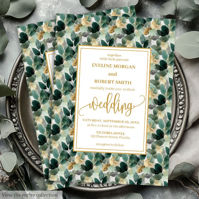 Invitación a la boda de la boda de la floración de (Classic Forest Green Gold Foliage Wedding Invitation)