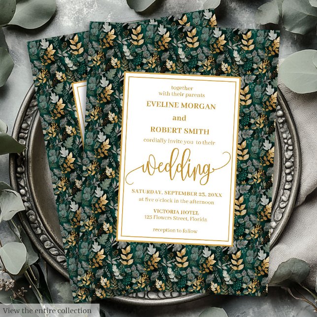 Invitación a la boda de la boda de la floración de (Classic Forest Green Gold Foliage Wedding Invitation)