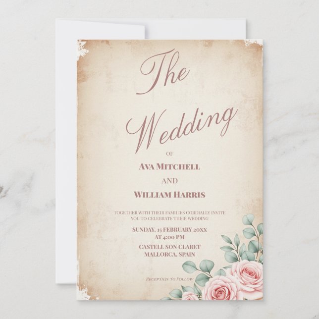 Invitación a la boda de la boda de un Rosa de Rubo (Anverso)