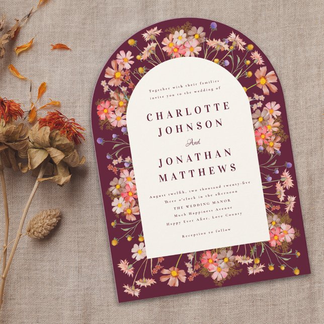 Invitación a la boda de la boda del arco floral de (Burgundy boho rustic floral arch fall wedding invitation Elegant modern typography watercolor flower)
