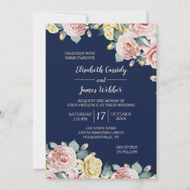 Invitación a la boda de la Bonito floral rosa azul