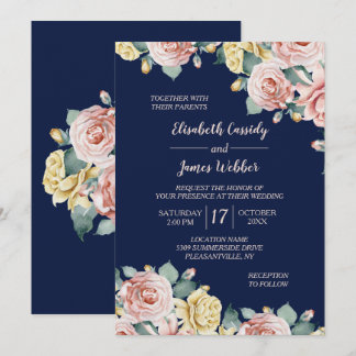 Invitación a la boda de la Bonito floral rosa azul