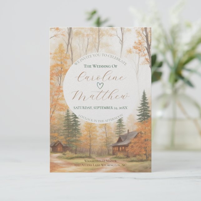 Invitación a la boda de la cabina de otoño (Anverso de pie)