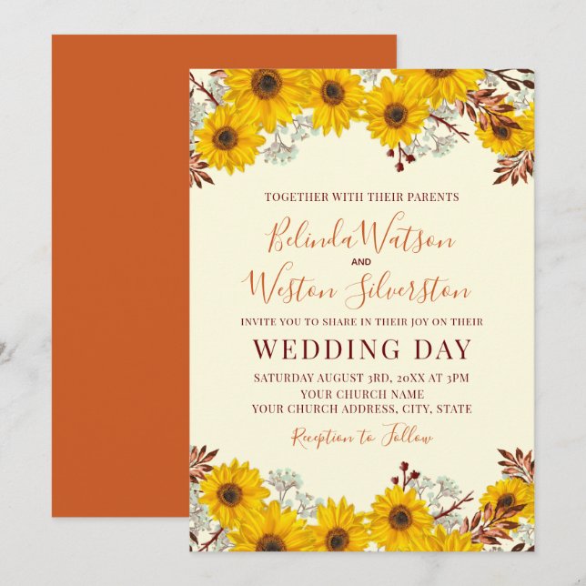 Invitación a la boda de la caída de girasoles ruso (Anverso / Reverso)