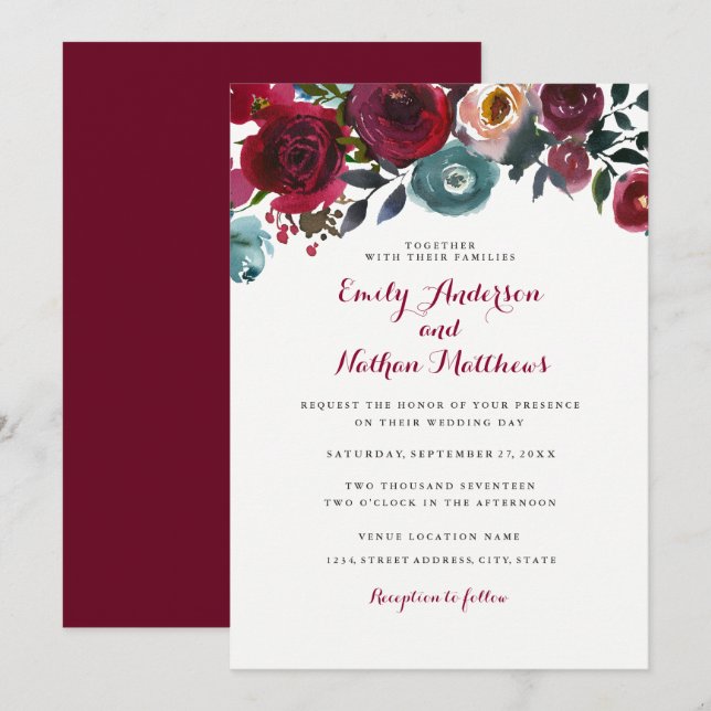 Invitación a la boda de la caída de la floral roja (Anverso / Reverso)