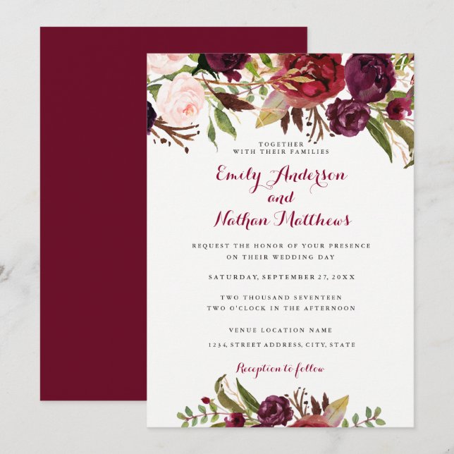 Invitación a la boda de la caída de la floral roja (Anverso / Reverso)