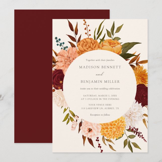 Invitación a la boda de la caída floral del Rosa d (Anverso / Reverso)