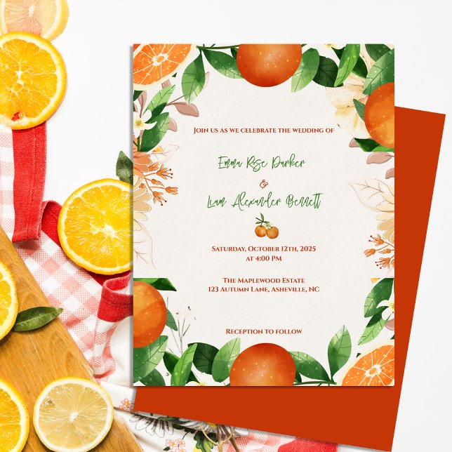 Invitación a la boda de la caída rústica del Naran (Citrus Orange Rustic Fall Wedding Invitation Postcard)