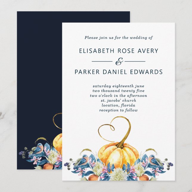 Invitación a la boda de la calabaza floral de otoñ (Anverso / Reverso)