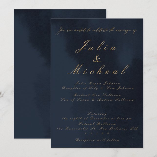Invitación a la boda de la caligrafía azul de medi (Anverso / Reverso)