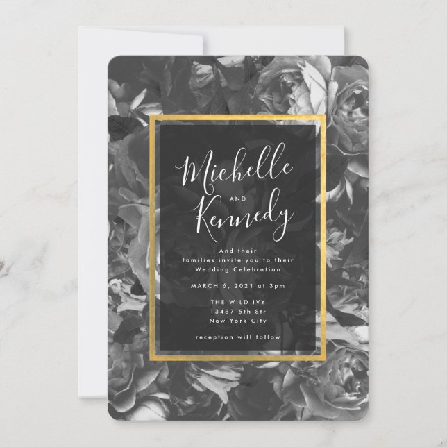Invitación a la boda de la caligrafía floral Black (Anverso)