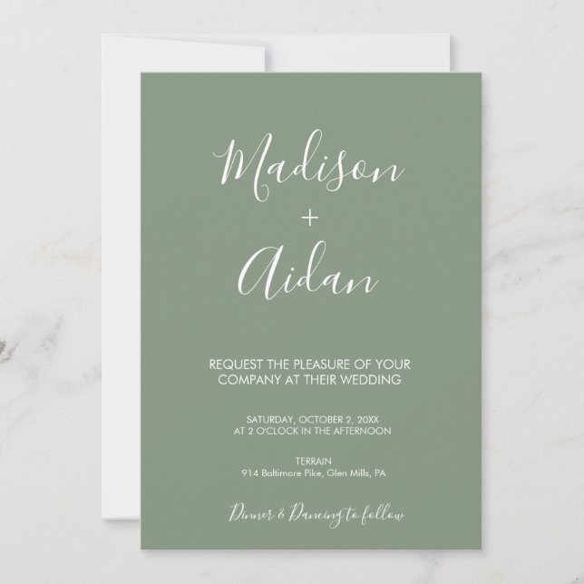 Invitación a la boda de la caligrafía verde sabia (Anverso)