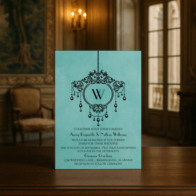 Invitación a la boda de la candelabro de Aqua Vint (Aqua Vintage Chandelier Wedding Invite)