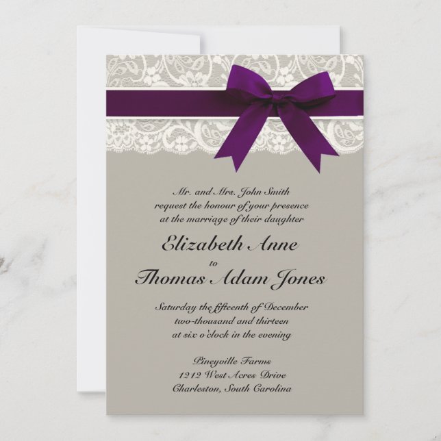 Invitación a la boda de la cinta de encaje gris y  (Anverso)