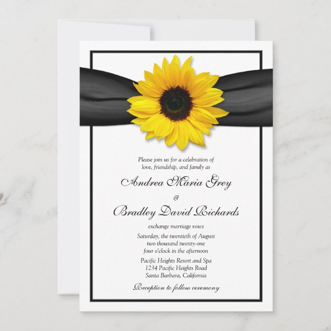 Invitación a la boda de la cinta negra del girasol (Anverso)