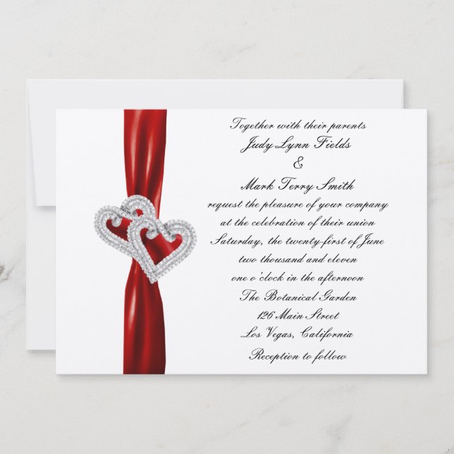 Invitación a la boda de la cinta roja del corazón  (Anverso)