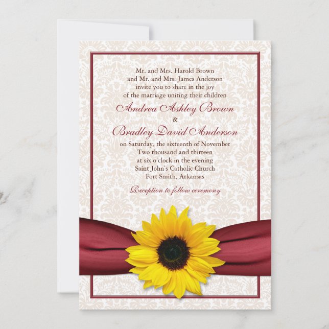 Invitación a la boda de la cinta roja del girasol (Anverso)