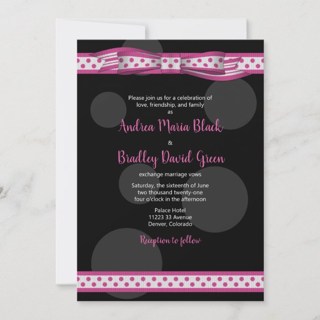 Invitación a la boda de la cinta rosada negra de p (Anverso)